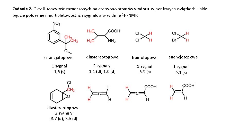 Zadanie 2. Określ topowość zaznaczonych na czerwono atomów wodoru w poniższych związkach. Jakie będzie