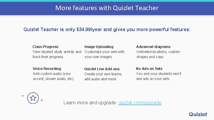 More features with Quizlet Teacher is only $34. 99/year and gives you more powerful