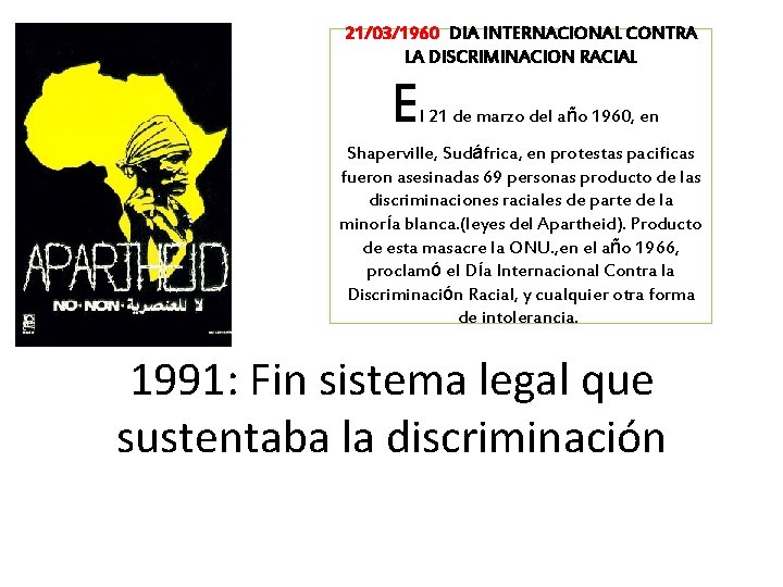 21/03/1960 DIA INTERNACIONAL CONTRA LA DISCRIMINACION RACIAL E l 21 de marzo del año