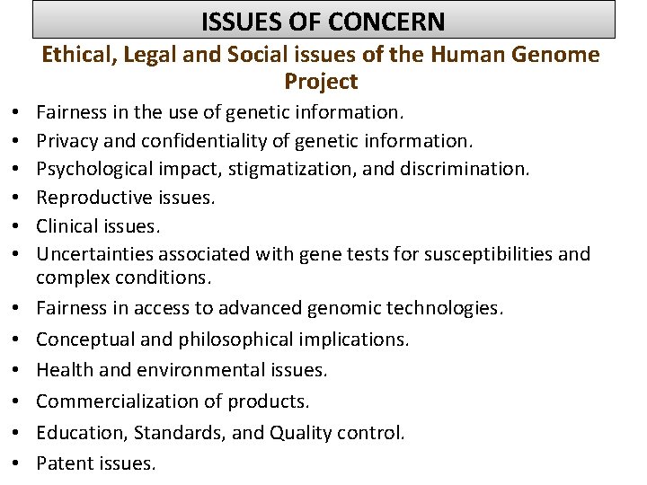 ISSUES OF CONCERN Ethical, Legal and Social issues of the Human Genome Project •