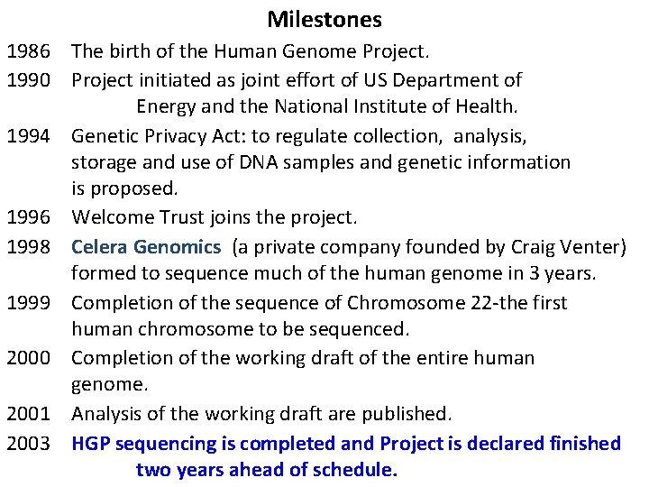 Milestones 1986 The birth of the Human Genome Project. 1990 Project initiated as joint