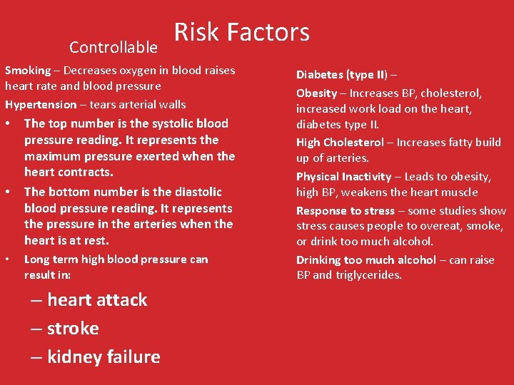 Controllable Risk Factors Smoking – Decreases oxygen in blood raises heart rate and blood