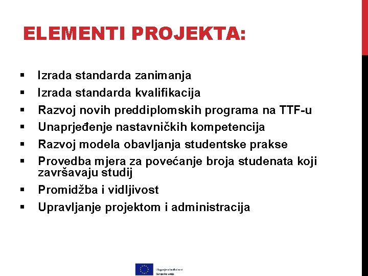 ELEMENTI PROJEKTA: § § § § Izrada standarda zanimanja Izrada standarda kvalifikacija Razvoj novih