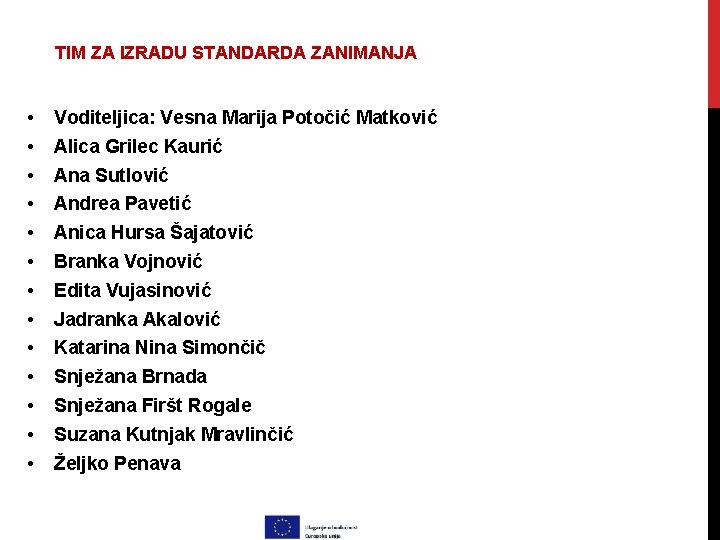 TIM ZA IZRADU STANDARDA ZANIMANJA • • • • Voditeljica: Vesna Marija Potočić Matković