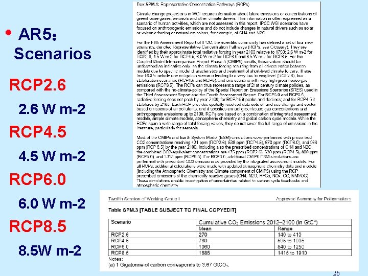  • AR 5： Scenarios RCP 2. 6 W m-2 RCP 4. 5 W