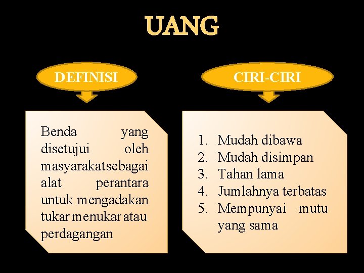 UANG DEFINISI Benda yang disetujui oleh masyarakat sebagai alat perantara untuk mengadakan tukar menukar