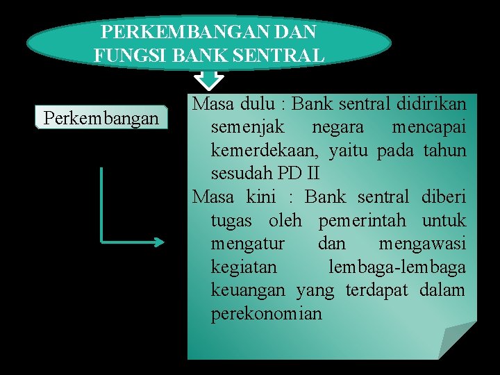 PERKEMBANGAN DAN FUNGSI BANK SENTRAL Perkembangan Masa dulu : Bank sentral didirikan semenjak negara