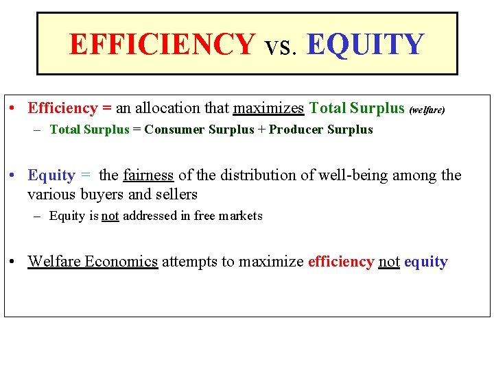 EFFICIENCY vs. EQUITY • Efficiency = an allocation that maximizes Total Surplus (welfare) – EFFICIENCY vs. EQUITY • Efficiency = an allocation that maximizes Total Surplus (welfare) –