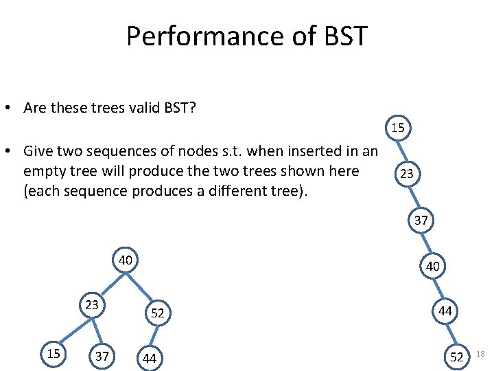 Performance of BST • Are these trees valid BST? 15 • Give two sequences