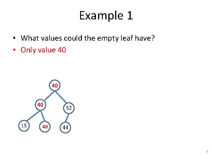 Example 1 • What values could the empty leaf have? • Only value 40