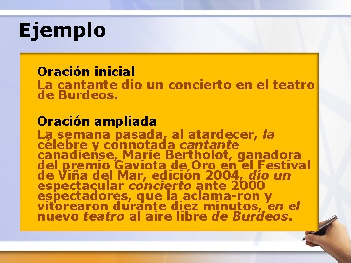 Ejemplo Oración inicial La cantante dio un concierto en el teatro de Burdeos. Oración