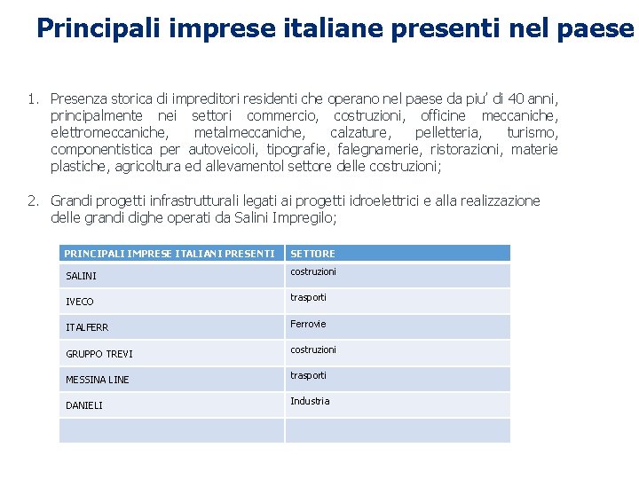 Principali imprese italiane presenti nel paese 1. Presenza storica di impreditori residenti che operano