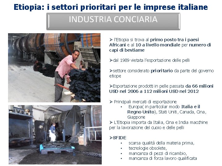 Etiopia: i settori prioritari per le imprese italiane Ø l’Etiopia si trova al primo