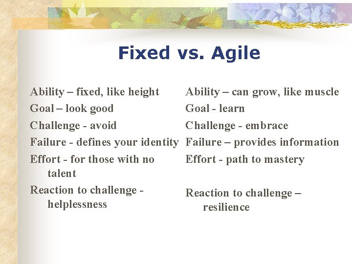 Fixed vs. Agile Ability – fixed, like height Goal – look good Challenge -