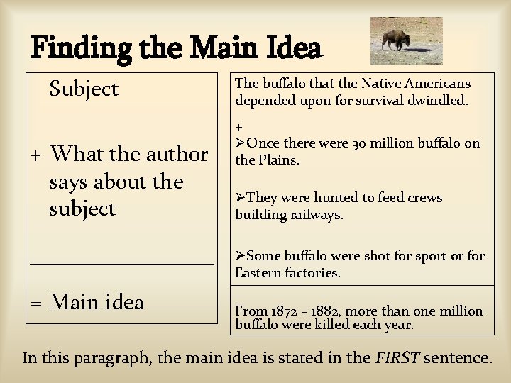 Finding the Main Idea Subject + What the author says about the subject The Finding the Main Idea Subject + What the author says about the subject The