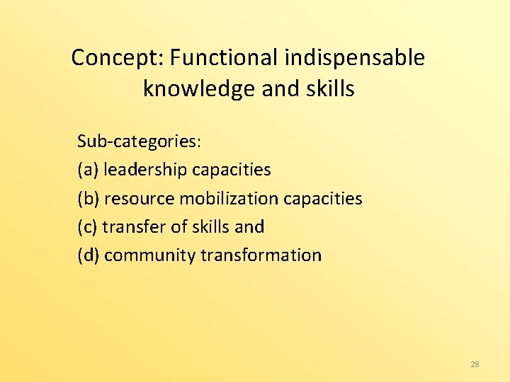 Concept: Functional indispensable knowledge and skills Sub-categories: (a) leadership capacities (b) resource mobilization capacities