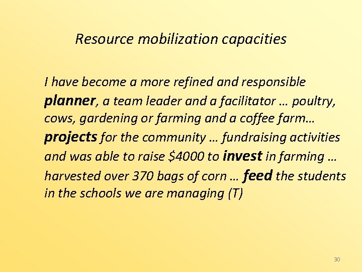 Resource mobilization capacities I have become a more refined and responsible planner, a team