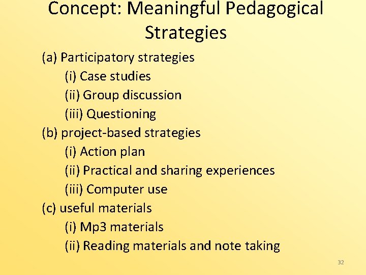 Concept: Meaningful Pedagogical Strategies (a) Participatory strategies (i) Case studies (ii) Group discussion (iii)