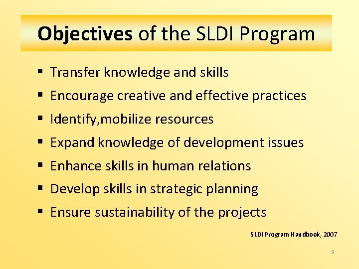 Objectives of the SLDI Program § Transfer knowledge and skills § Encourage creative and