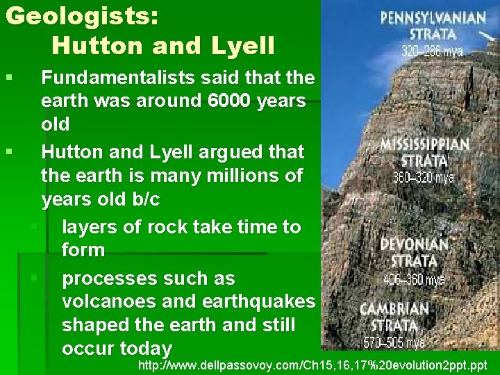 Geologists: Hutton and Lyell § Fundamentalists said that the earth was around 6000 years
