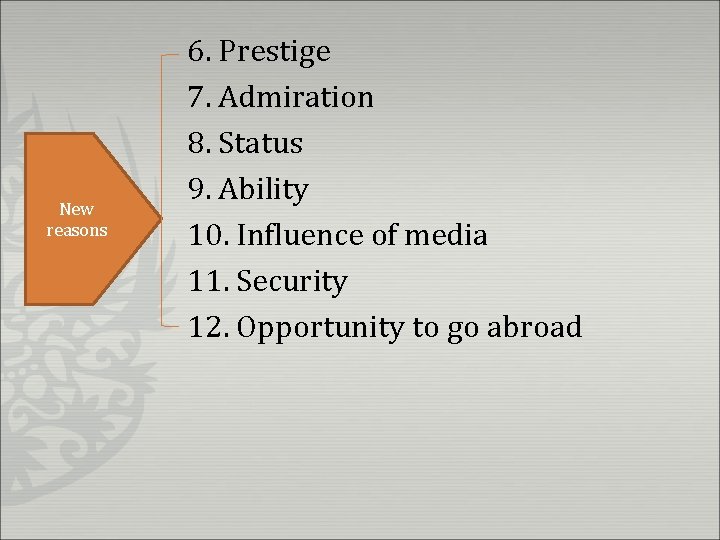 New reasons 6. Prestige 7. Admiration 8. Status 9. Ability 10. Influence of media