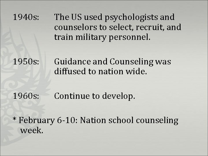 1940 s: The US used psychologists and counselors to select, recruit, and train military