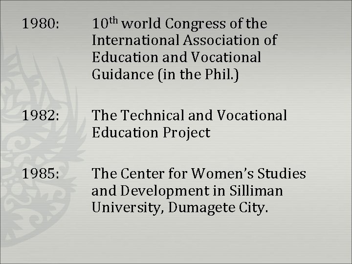 1980: 10 th world Congress of the International Association of Education and Vocational Guidance