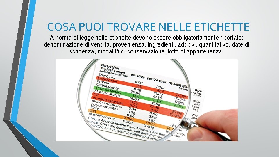 COSA PUOI TROVARE NELLE ETICHETTE A norma di legge nelle etichette devono essere obbligatoriamente