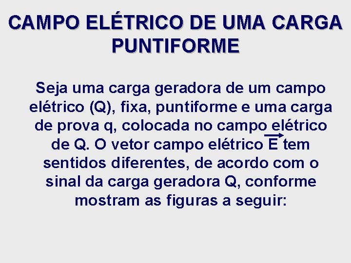 CAMPO ELÉTRICO DE UMA CARGA PUNTIFORME Seja uma carga geradora de um campo elétrico CAMPO ELÉTRICO DE UMA CARGA PUNTIFORME Seja uma carga geradora de um campo elétrico