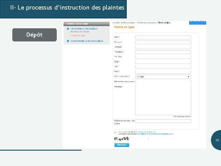 II- Le processus d’instruction des plaintes Dépôt 10 