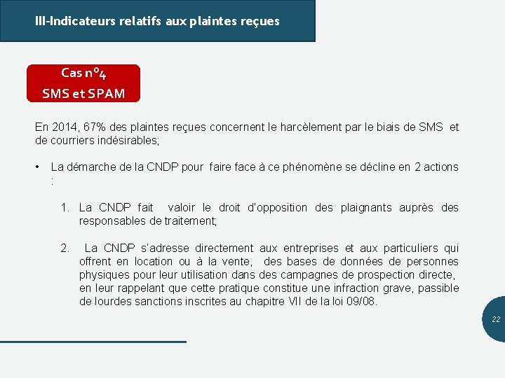 III-Indicateurs relatifs aux plaintes reçues Cas n° 4 SMS et SPAM En 2014, 67%