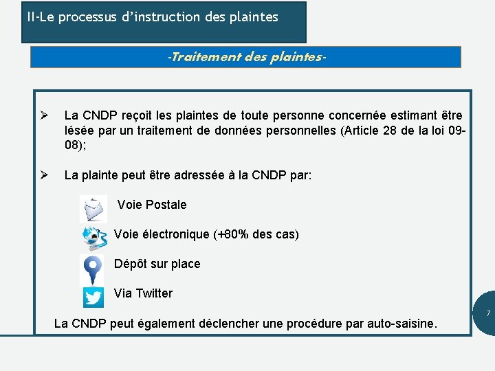 II-Le processus d’instruction des plaintes -Traitement des plaintes- Ø La CNDP reçoit les plaintes