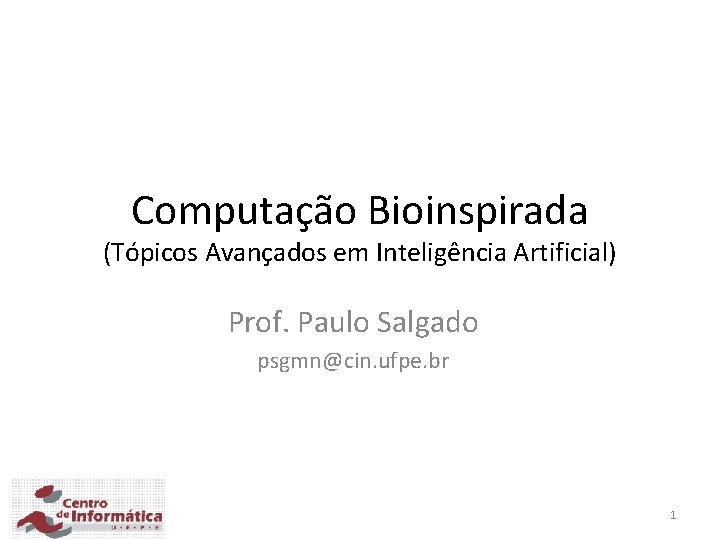 Computação Bioinspirada (Tópicos Avançados em Inteligência Artificial) Prof. Paulo Salgado psgmn@cin. ufpe. br 1
