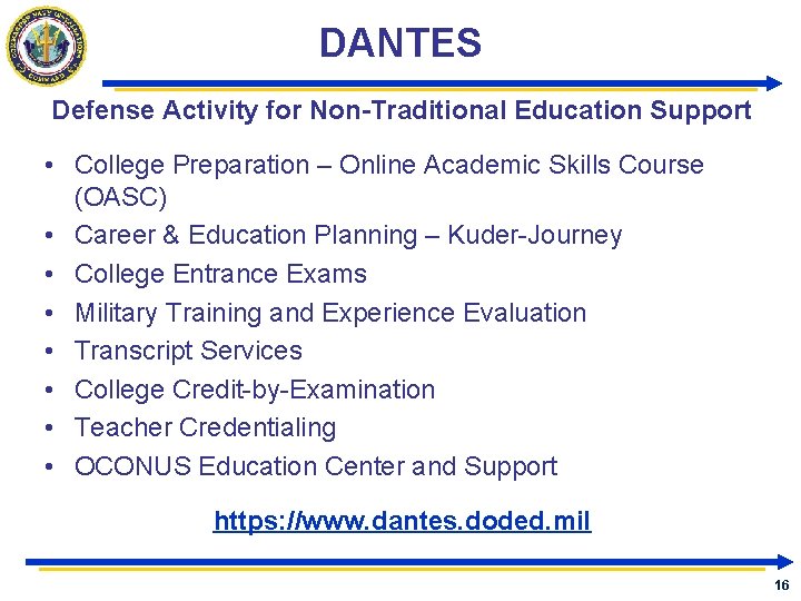DANTES Defense Activity for Non-Traditional Education Support • College Preparation – Online Academic Skills