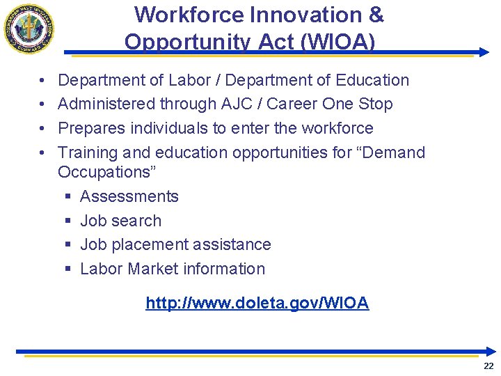 Workforce Innovation & Opportunity Act (WIOA) • • Department of Labor / Department of