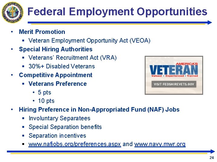 Federal Employment Opportunities • Merit Promotion § Veteran Employment Opportunity Act (VEOA) • Special Federal Employment Opportunities • Merit Promotion § Veteran Employment Opportunity Act (VEOA) • Special