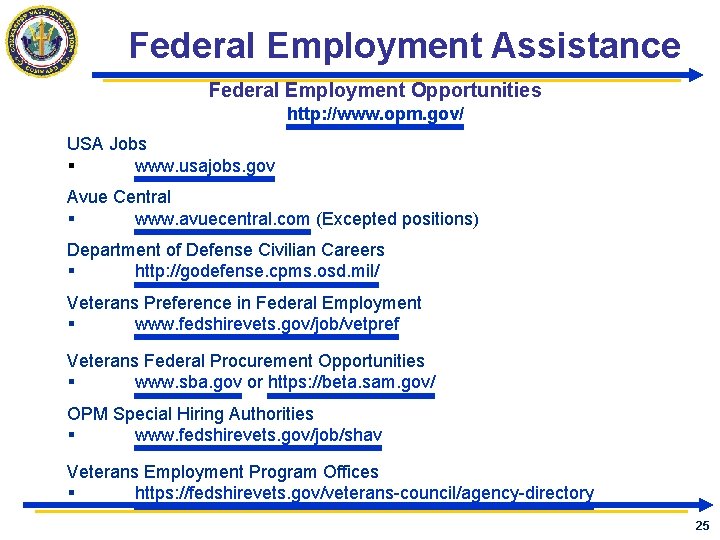 Federal Employment Assistance Federal Employment Opportunities http: //www. opm. gov/ USA Jobs § www. Federal Employment Assistance Federal Employment Opportunities http: //www. opm. gov/ USA Jobs § www.