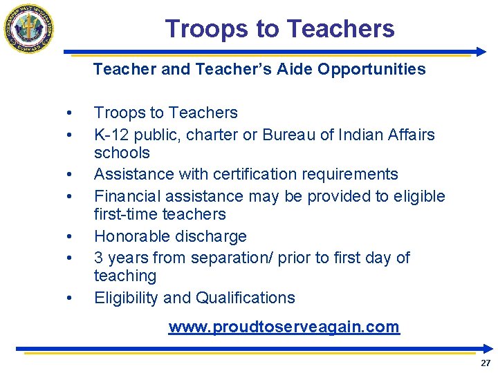 Troops to Teachers Teacher and Teacher’s Aide Opportunities • • Troops to Teachers K-12 Troops to Teachers Teacher and Teacher’s Aide Opportunities • • Troops to Teachers K-12