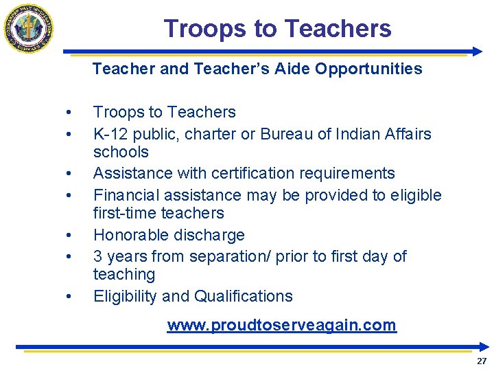Troops to Teachers Teacher and Teacher’s Aide Opportunities • • Troops to Teachers K-12