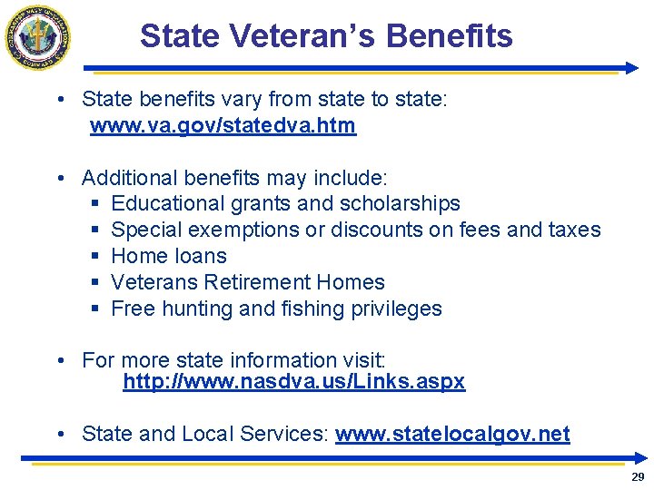 State Veteran’s Benefits • State benefits vary from state to state: www. va. gov/statedva. State Veteran’s Benefits • State benefits vary from state to state: www. va. gov/statedva.