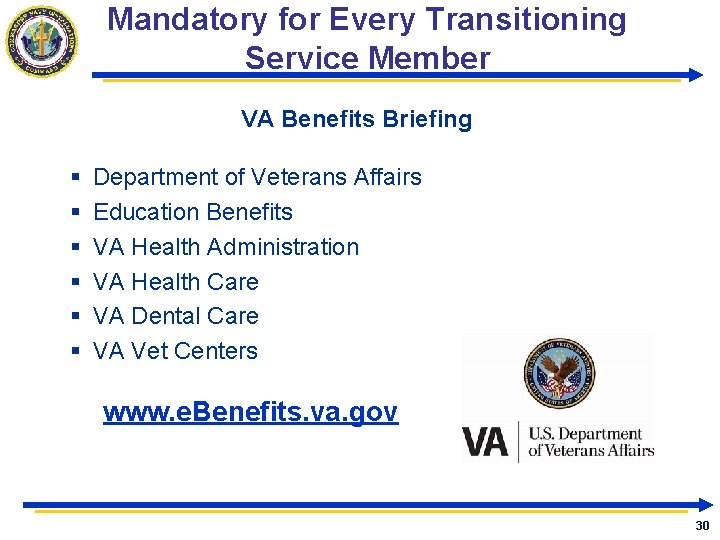 Mandatory for Every Transitioning Service Member VA Benefits Briefing § § § Department of