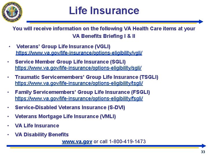 Life Insurance You will receive information on the following VA Health Care items at