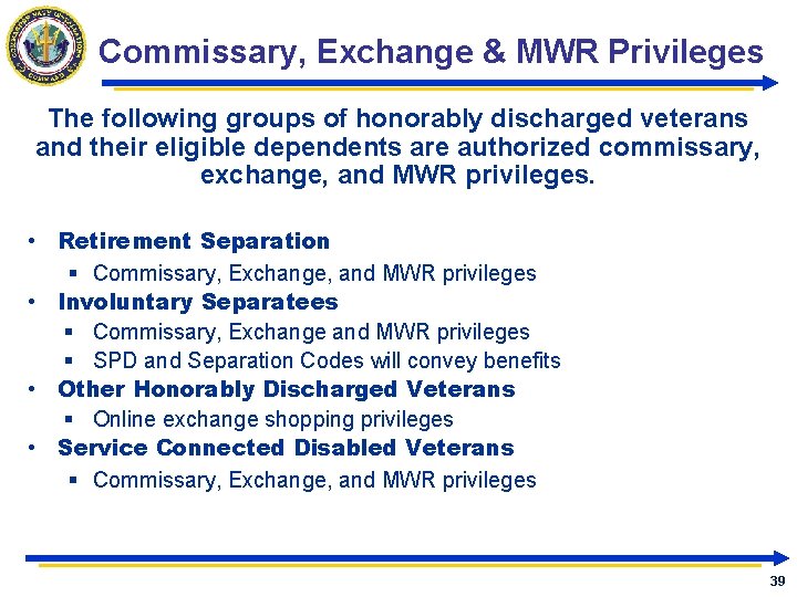 Commissary, Exchange & MWR Privileges The following groups of honorably discharged veterans and their