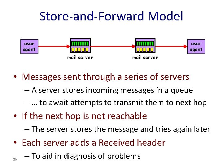 Store-and-Forward Model user agent mail server • Messages sent through a series of servers
