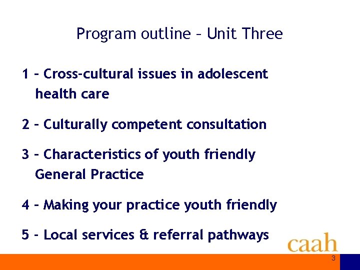 Program outline – Unit Three 1 – Cross-cultural issues in adolescent health care 2