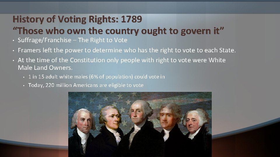 History of Voting Rights: 1789 “Those who own the country ought to govern it”