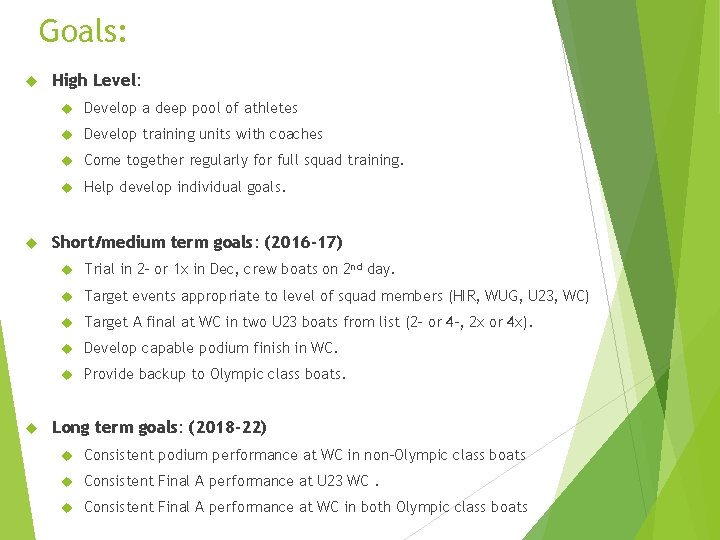 Goals: High Level: Develop a deep pool of athletes Develop training units with coaches