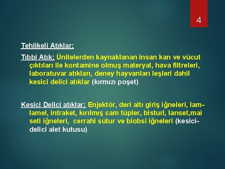 4 Tehlikeli Atıklar; Tıbbi Atık; Ünitelerden kaynaklanan insan kan ve vücut çıktıları ile kontamine