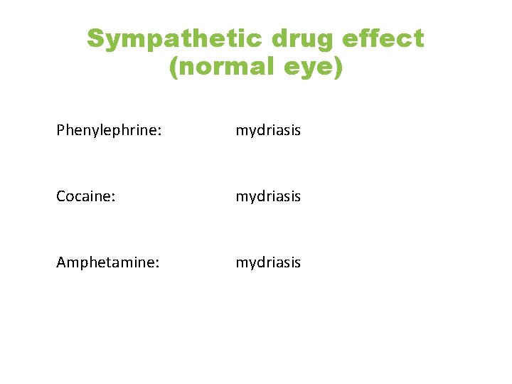 Sympathetic drug effect (normal eye) Phenylephrine: mydriasis Cocaine: mydriasis Amphetamine: mydriasis 