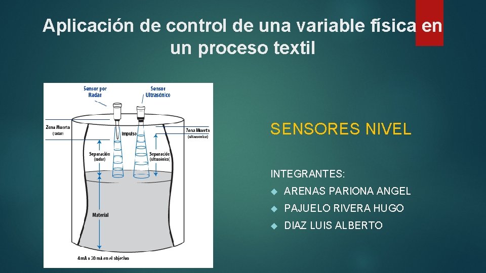 Aplicación de control de una variable física en un proceso textil SENSORES NIVEL INTEGRANTES: